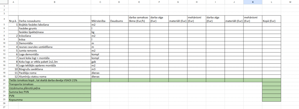 Cost Estimate Template | SIA ReIntellex